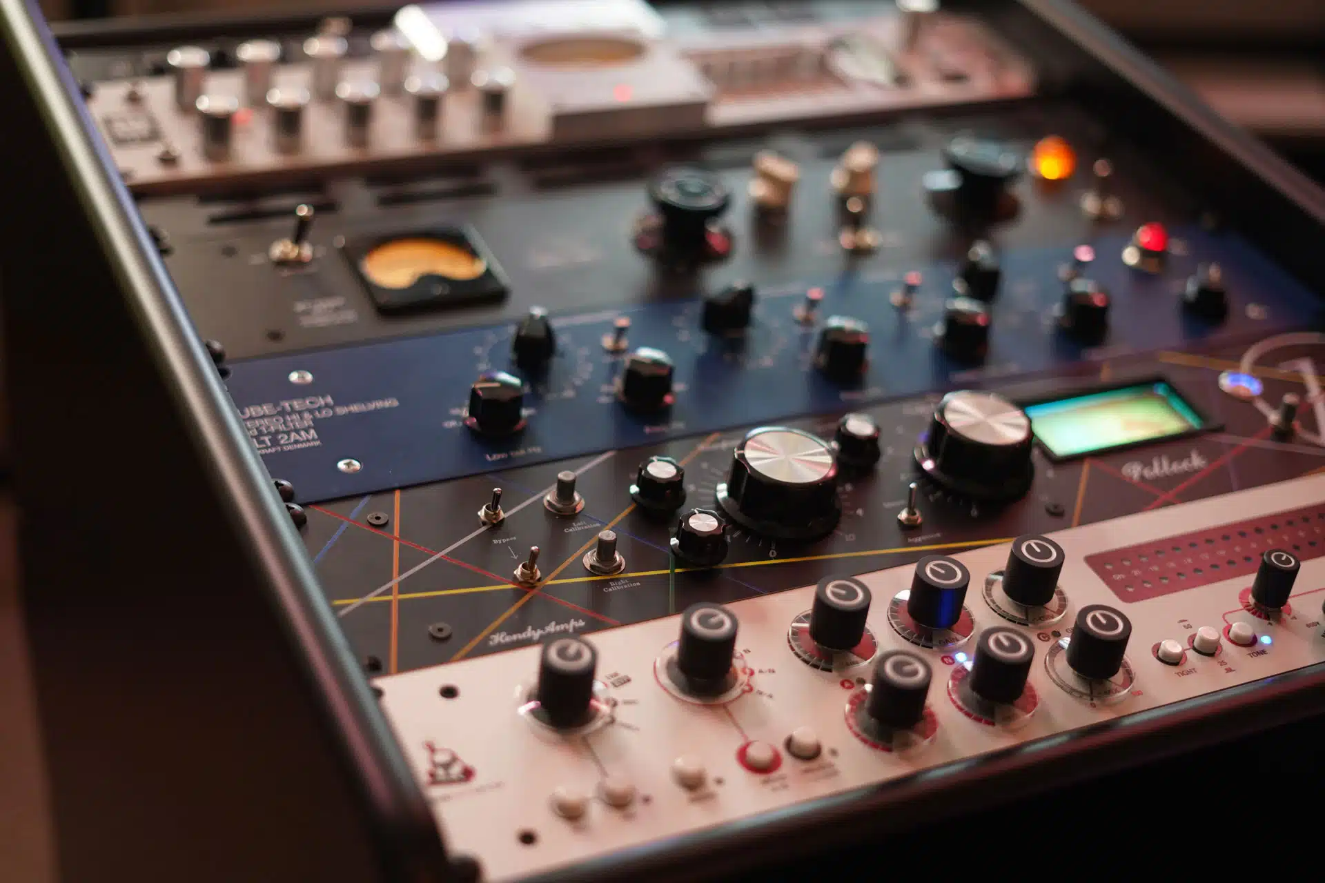 Matty Harris's Los Angeles mixing and mastering studio. Console, Kii Three monitors and outboard rack