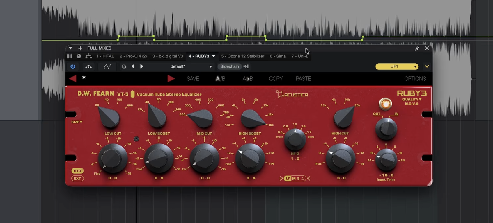 Acustica Audio Ruby3 set to a high boost of 3.4 with a high cut of 3.0, offsetting the shelf to get brightness without lifting the air band