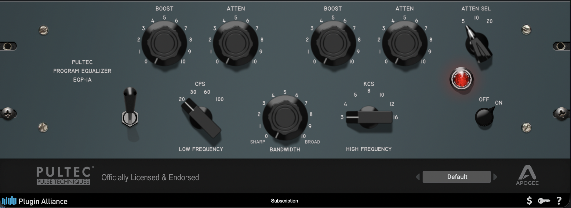 Apogee Pultec EQP-1A plugin, officially licensed and endorsed by Pulse Techniques, running in Plugin Alliance