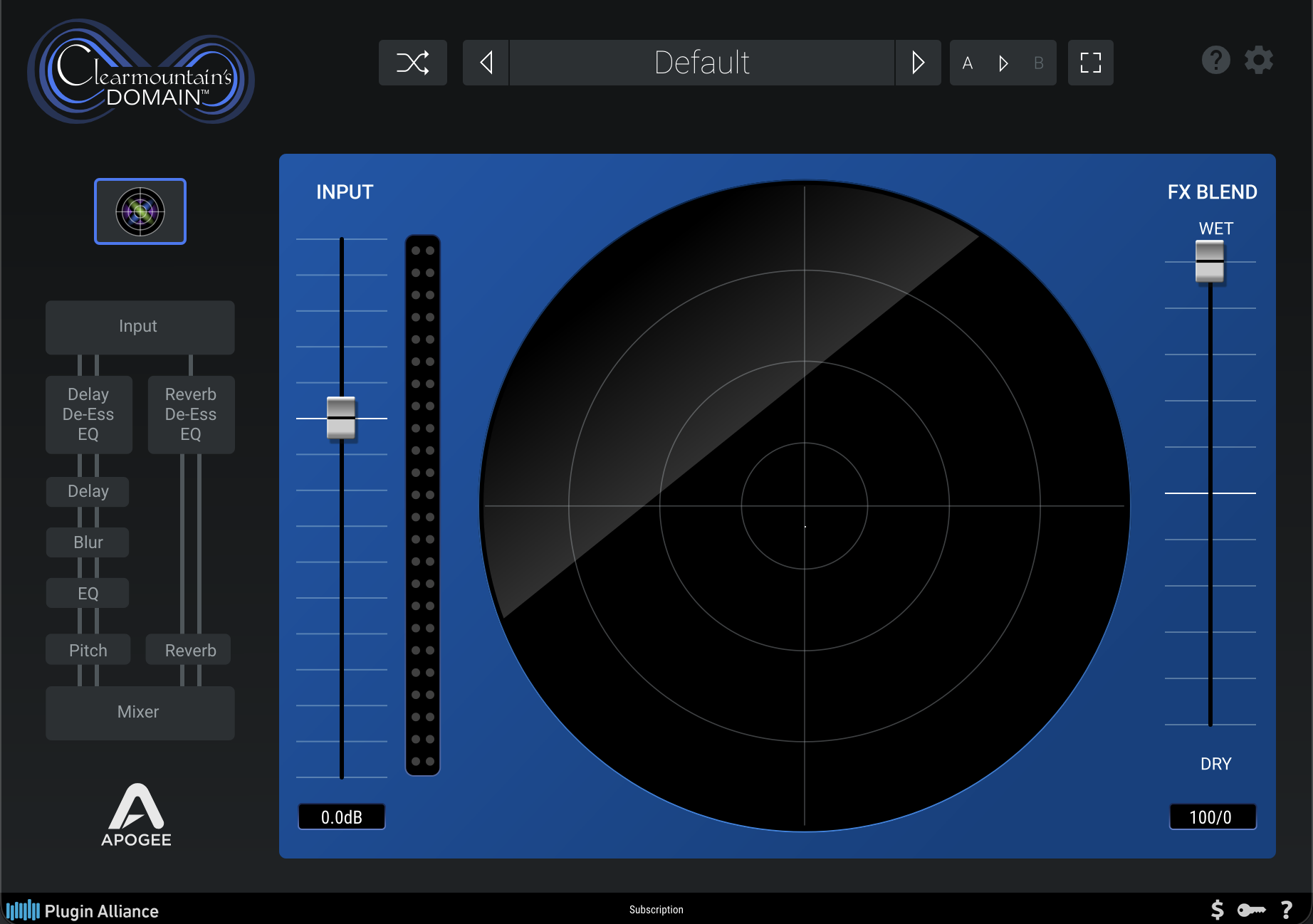 Apogee Clearmountain's Domain plugin showing its signal flow from input de-essers to delay, pitch, reverb and mixer