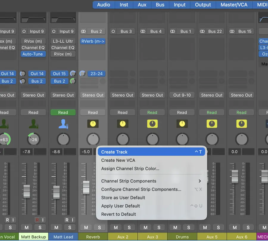 Logic Pro mixer with the right-click menu on a reverb aux channel showing Create Track