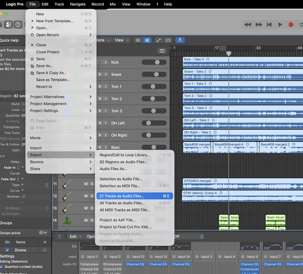 Logic Pro File menu, Export submenu with 21 Tracks as Audio Files selected