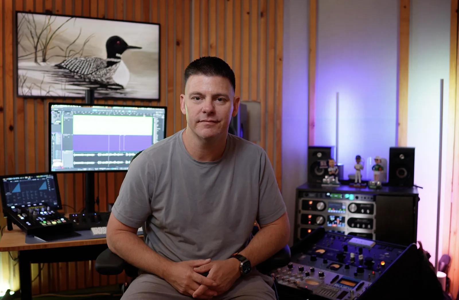 Matty Harris at the console and outboard rack in his Los Angeles studio