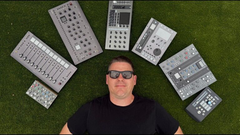 Mixing engineer Matty Harris surrounded by the mixing controllers he has owned, including SSL, Softube Console 1 and Nektar CS12