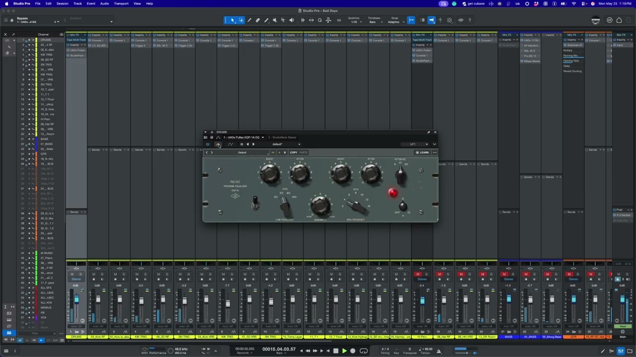 A mix session open in Studio One during one of Matty Harris's walkthrough videos, with a Pultec EQ on the drum bus