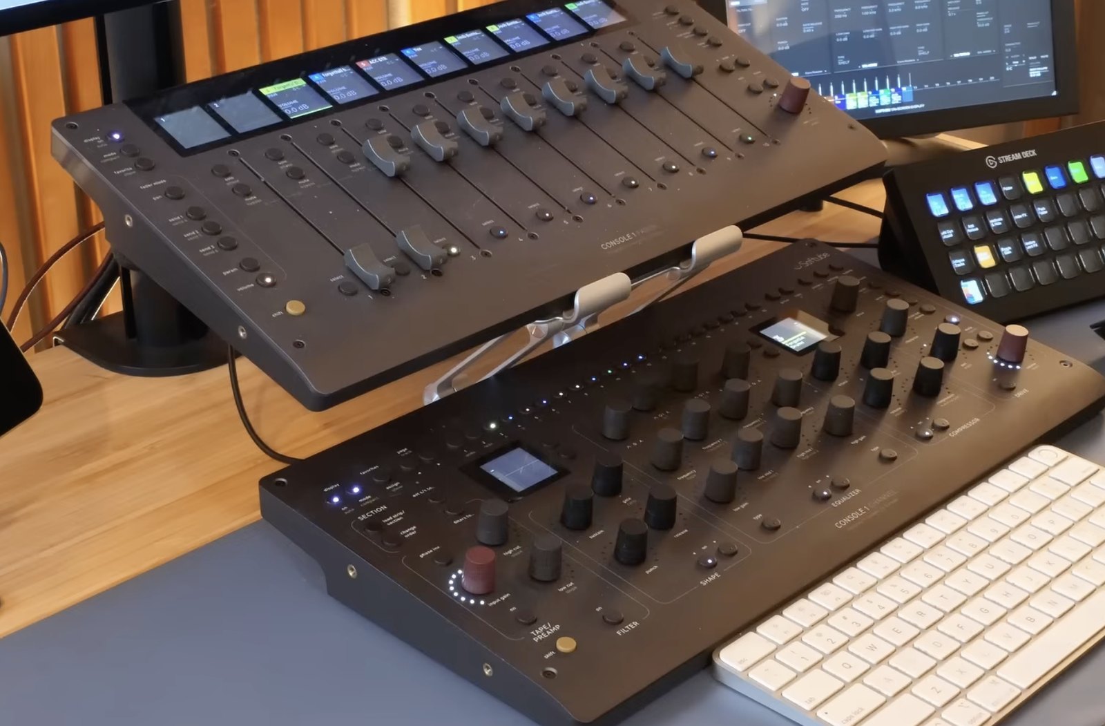 Softube Console 1 Fader with eight motorized faders above the Console 1 Channel controller
