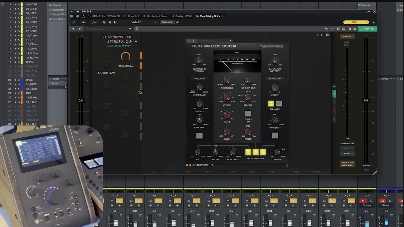 Softube Flow Mixing Suite custom user chain with the Bus Processor threshold and saturation mapped to Flow controls