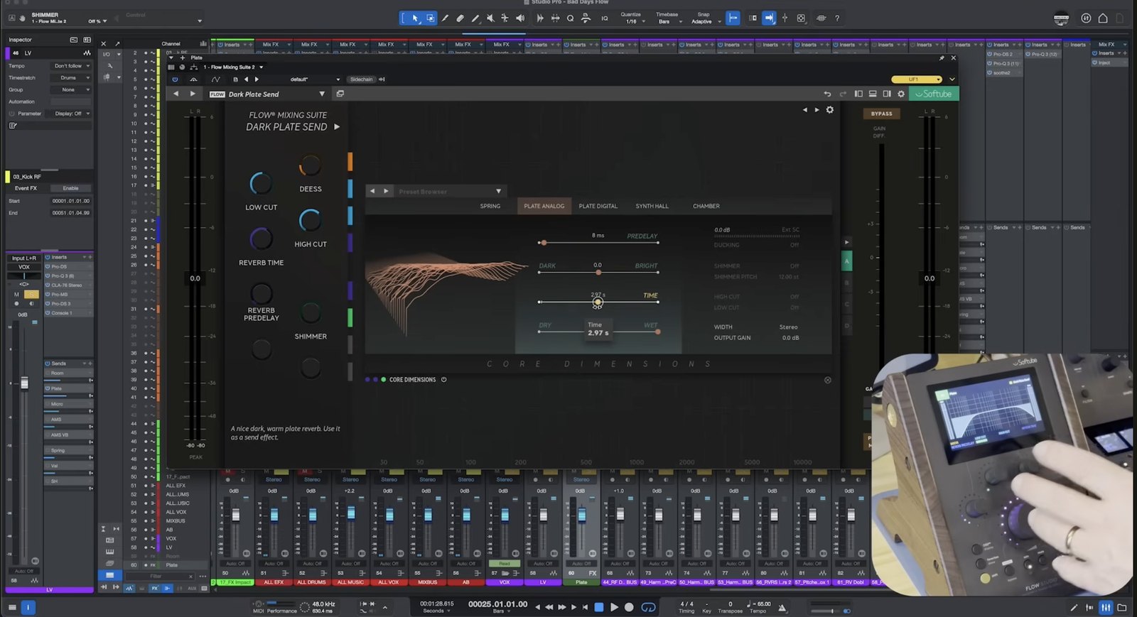 Softube Flow Mixing Suite Dark Plate Send with low cut, high cut, reverb time, predelay, de-ess and shimmer controls