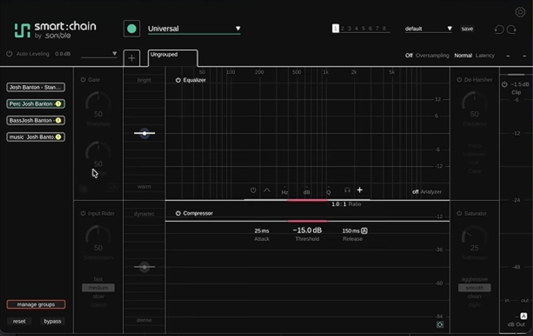 Sonible Smart Chain showing all four instances in the session: drums, percussion, bass and music