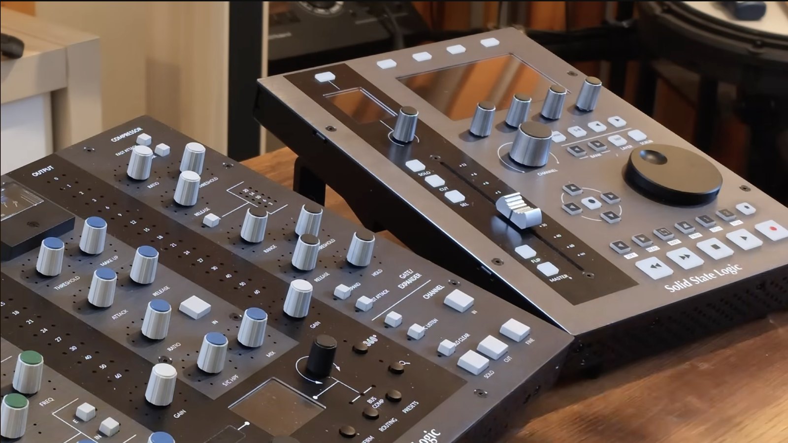 SSL UC1 channel strip controller next to the SSL UF1 fader and transport controller