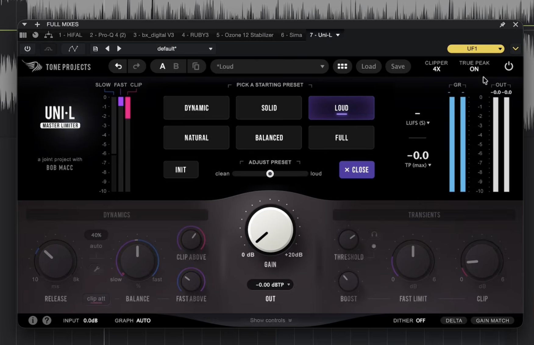 Tone Projects Uni-L master limiter started from its Loud preset, true peak limiting switched on, doing under a decibel of gain reduction